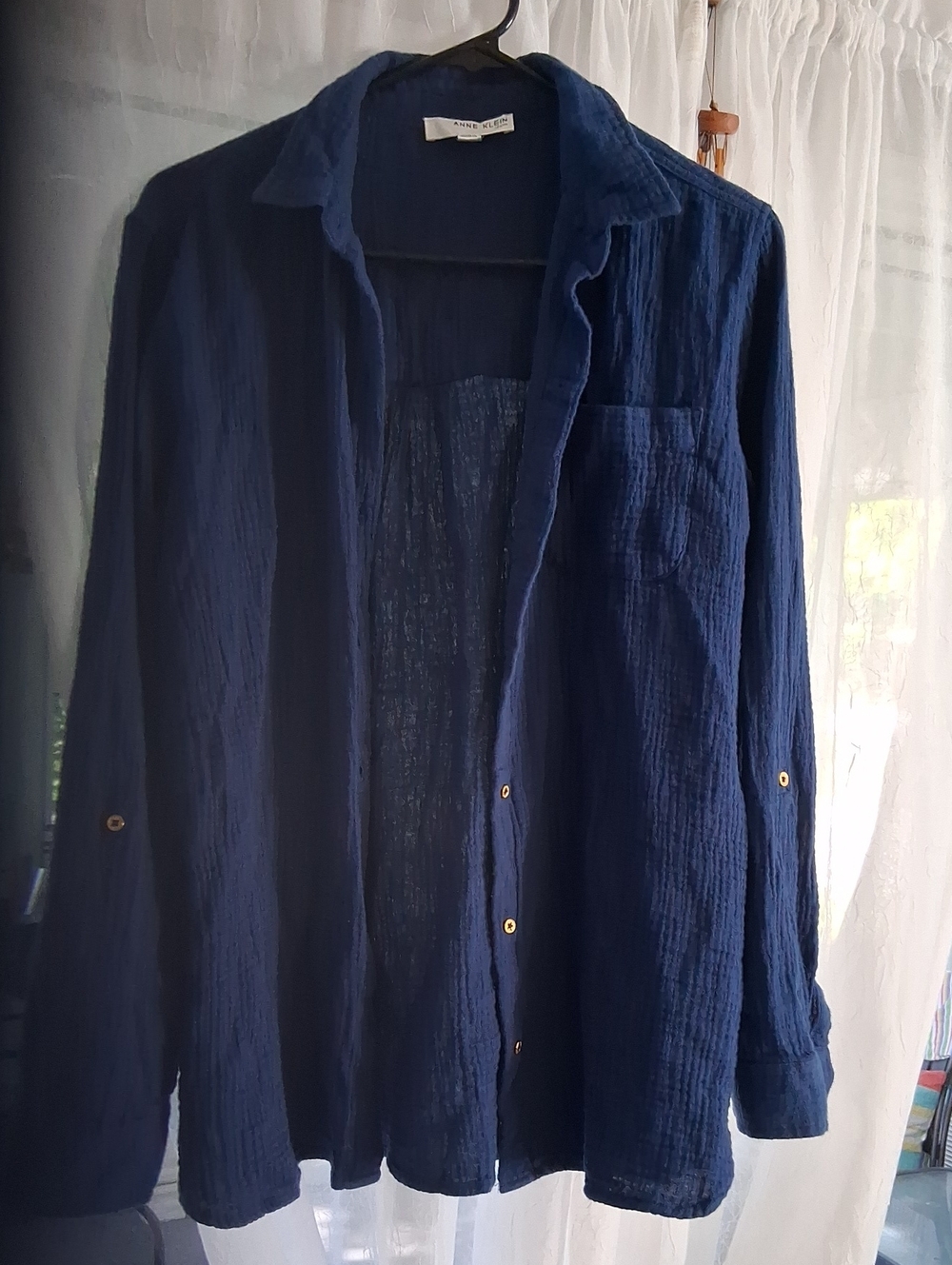 Anne Klein Navy Textured Lightweight Button-Up Shirt Jacket